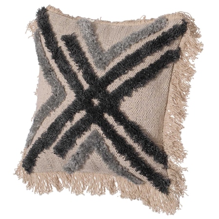 16 Handwoven Cotton & Silk Throw Fringed Pillow Cover With Embossed Crossed Lines, Black & Natural
